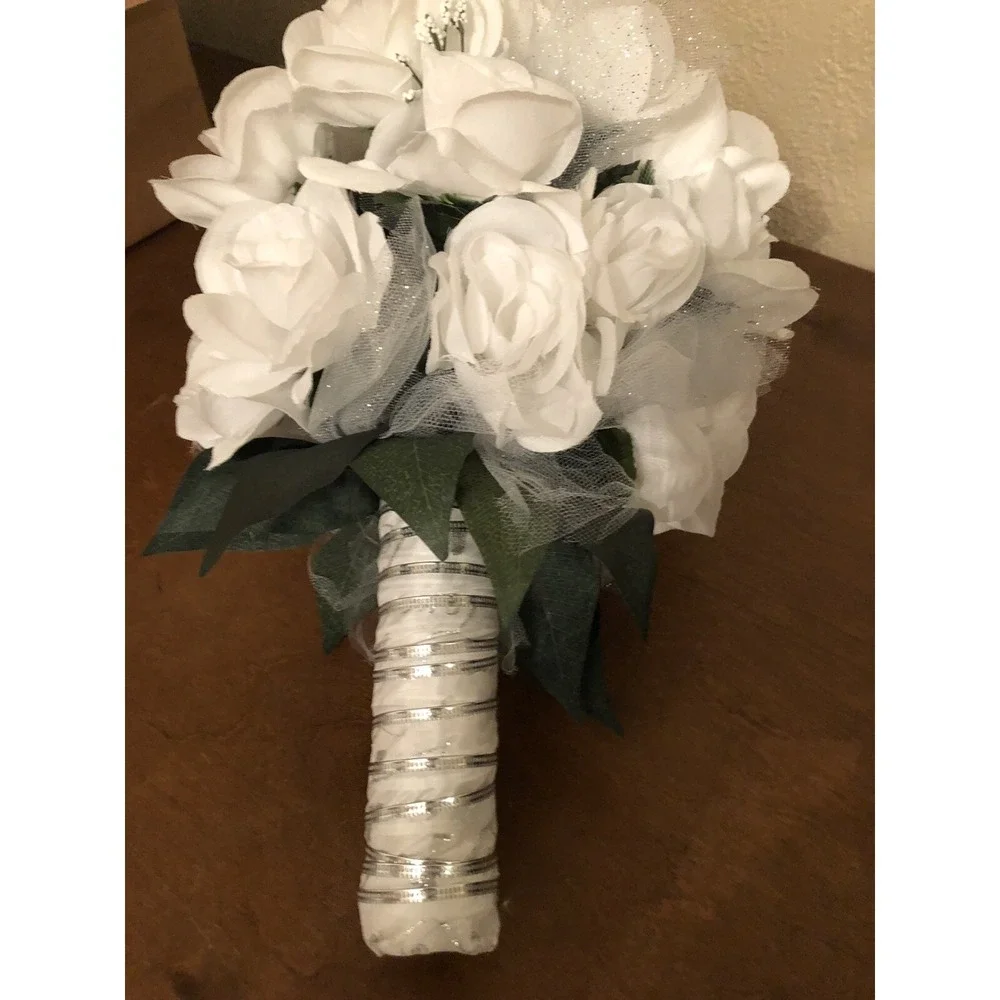 Silk Bridal Bouquet White Roses 10